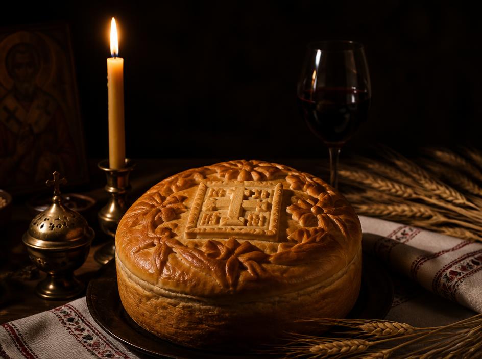 Slava bread, candle and wine